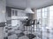 Modern art deco style kitchen with trendy black and white furniture and a chess marble floor. Kitchen island, bar stool