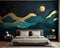 Modern art mural wallpaper night landscape with dark turquoise mountns and dark black background.