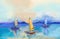 Modern art oil paintings with boat, sail on sea. Abstract contemporary art for background