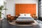 Modern artistic minimalist contemporary, cozy, comfortable, colorful and elegant bedroom or master bedroom for house and apartment