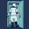 Modern astronaut stands in front of an open door. New discoveries