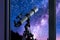 Modern Astronomy Telescope Near Window With View On Beautiful Night Sky With Stars. 3d Rendering