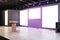 Modern auditorium interior with empty posters and concrete flooring with reflections. Speaker and presentation concept. Mock up,