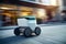 Modern automated food delivery robot riding on city street. Autonomous package delivery bot. Cost-efficient and energy-efficient