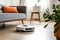 Modern autonomous vacuum cleaner cleans the floor