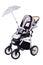 Modern baby stroller with bassinet and car seat isolated on a white background