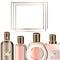 Modern background with perfume bottle, frame for fashion card, page