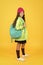 Modern backpack for daily life. Teen fashion. Schoolgirl street style clothes with cute backpack. Fit backpack correctly