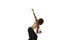 Modern ballet. Male dancer, choreographer dancing in action raised hands against white studio background.