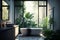 Modern bathroom with bathtub and big windows overlooking the beautiful nature. Contemporary bathroom interior with tropical style