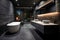 Modern bathroom with black matte ceilling. Generative AI