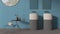 Modern bathroom in blue pastel tones, contemporary ceramics tiles, double washbasin with faucets and mirrors, side tables with