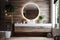 Modern bathroom features a wooden wall with mirror over the sink - AI generated illustration