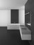 Modern bathroom with gray tiles and dark floor