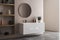 Modern bathroom interior with beige and white walls, basin with mirror, shelf and grey concrete floor