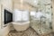 Modern bathroom interior with marble tiles and chandelier