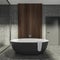 Modern Bathroom interior in new luxury home. Stylish hotel room. Open space area. Concrete wooden walls and floor. Big black