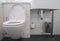 Modern bathroom interior of white ceramic toilet bowl and washbasin sink with stainless bin for trash