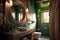 Modern bathroom interior with wooden decor in eco style. Generative AI