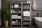 Modern bathroom with neatly arranged towels and cosmetics on the shelves of an open cabinet