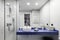 Modern bathroom with shower and glass partition, blue worktop