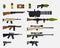 Modern battle weapons. Set of military weapons, automatic firearms, rifles, shotgun, revolver, grenades, explosive device.