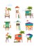 Modern beach buildings. Beach lifeguard towers on the seaside security station garish vector flat pictures set isolated