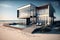 A modern beachfront house featuring glass walls and a swimming pool. AI