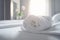 modern bed flower bath welcome window bedchamber towel comfortable spa. Generative AI.