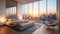 Modern bedroom with floor-to-ceiling windows offering a stunning cityscape view, AI Generative