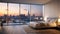 Modern bedroom with floor-to-ceiling windows offering a stunning cityscape view, AI Generative