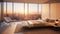 Modern bedroom with floor-to-ceiling windows offering a stunning cityscape view, AI Generative