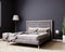 Modern bedroom interior mockup with bed, lamp, pouf, dark purple wall and wooden floor, bedroom interior background, 3d