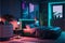 Modern bedroom interior with neon lights ambient in the evening