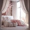 Modern bedroom with pink bedding and white curtains