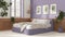 Modern bedroom in white and violet tones. Double soft bed, wooden wall panel with pictures, potted plants and parquet. Country