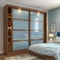 Modern bedroom wooden wardrobe with glass sliding doors for minimalist inspired interior design