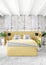 Modern bedroom yellow sofa luxury minimal style Interior loft design with eclectic wall. 3D Rendering.