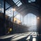 Modern Beer Or Wiskey Brewery Factory, Large Metal Hangar Interior, Windows With Sun Rays, Dust, Generative AI