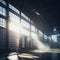 Modern Beer Or Wiskey Brewery Factory, Large Metal Hangar Interior, Windows With Sun Rays, Dust, Generative AI