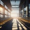 Modern Beer Or Wiskey Brewery Factory, Large Metal Hangar Interior, Windows With Sun Rays, Dust, Generative AI