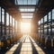 Modern Beer Or Wiskey Brewery Factory, Large Metal Hangar Interior, Windows With Sun Rays, Dust, Generative AI