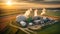 Modern biogas plant between several fields in rural region with sunset background, Bioenergy plant utilizing organic waste,