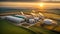 Modern biogas plant between several fields in rural region with sunset background, Bioenergy plant utilizing organic waste,