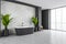 Modern black bath in a big bathroom grey tile bathroom with big window