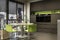 Modern black kitchen interior with green chairs and beautiful night view on city scyscrapes