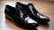 Modern black leather dress shoe with shiny shoelace fastener generated by AI