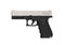 Modern black and silver semi-automatic pistol. A short-barreled weapon for self-defense. Arming the police, special units and the