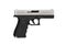 Modern black and silver semi-automatic pistol. A short-barreled weapon for self-defense. Arming the police, special units and the