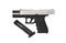 Modern black and silver semi-automatic pistol. A short-barreled weapon for self-defense. Arming the police, special units and the